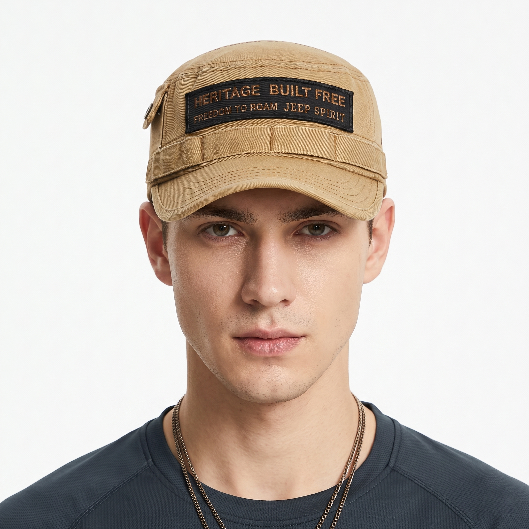 Vintage Jeep Spirit Army Style Hat - Tan Distressed Heritage Flat Top Cap