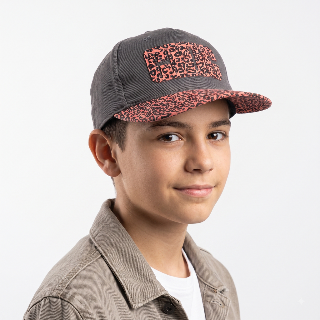 Thrifted Charcoal & Coral Animal Print Graphic Flat Brim Cap | 10063