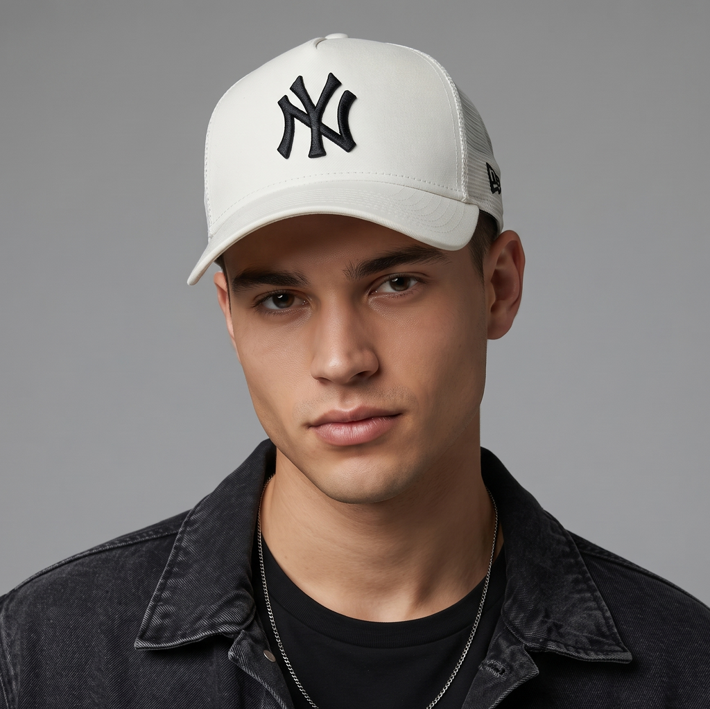 Vintage New Era New York Yankees Trucker Hat | Cream Off-White Mesh Cap