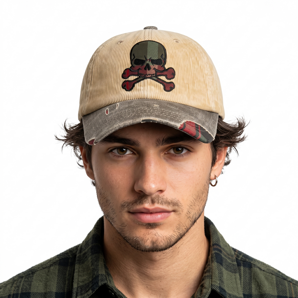 Grunge Skull Embroidered Corduroy Cap | Thrifted Plaid Brim Hat 56-58cm