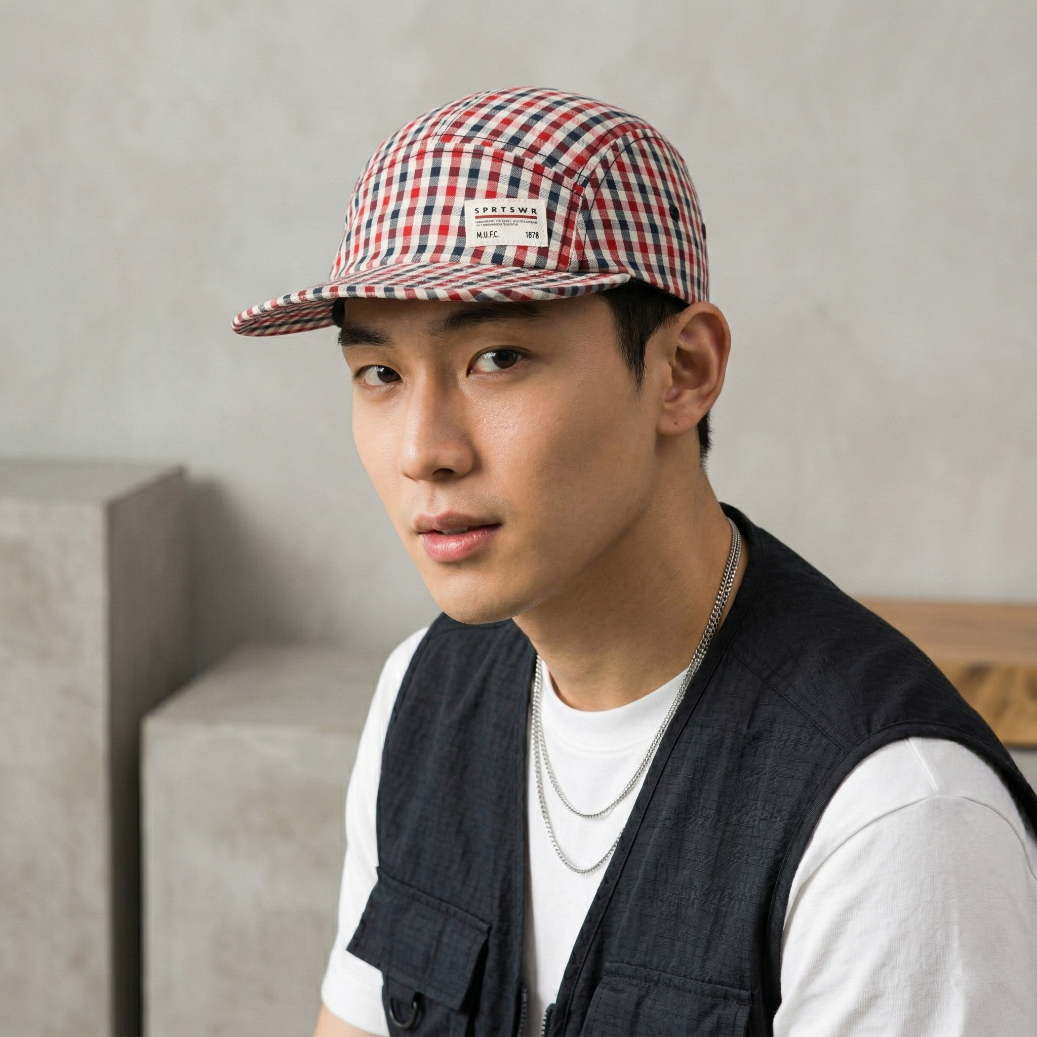 Nike AW84 5-Panel Gingham Plaid Thrifted Cap | Red & Blue Checkered Hat