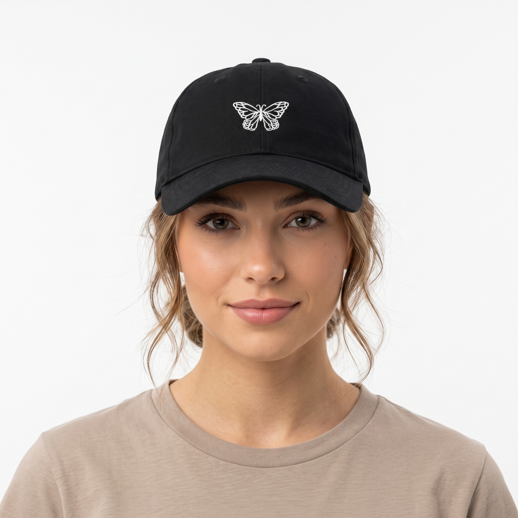 Thrifted Sinsay White Butterfly Outline Black Strapback Cap - Size 56-58cm