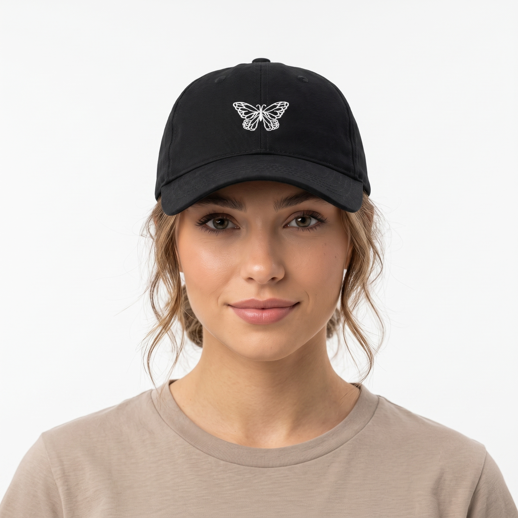 Thrifted Sinsay White Butterfly Outline Black Strapback Cap - Size 56-58cm