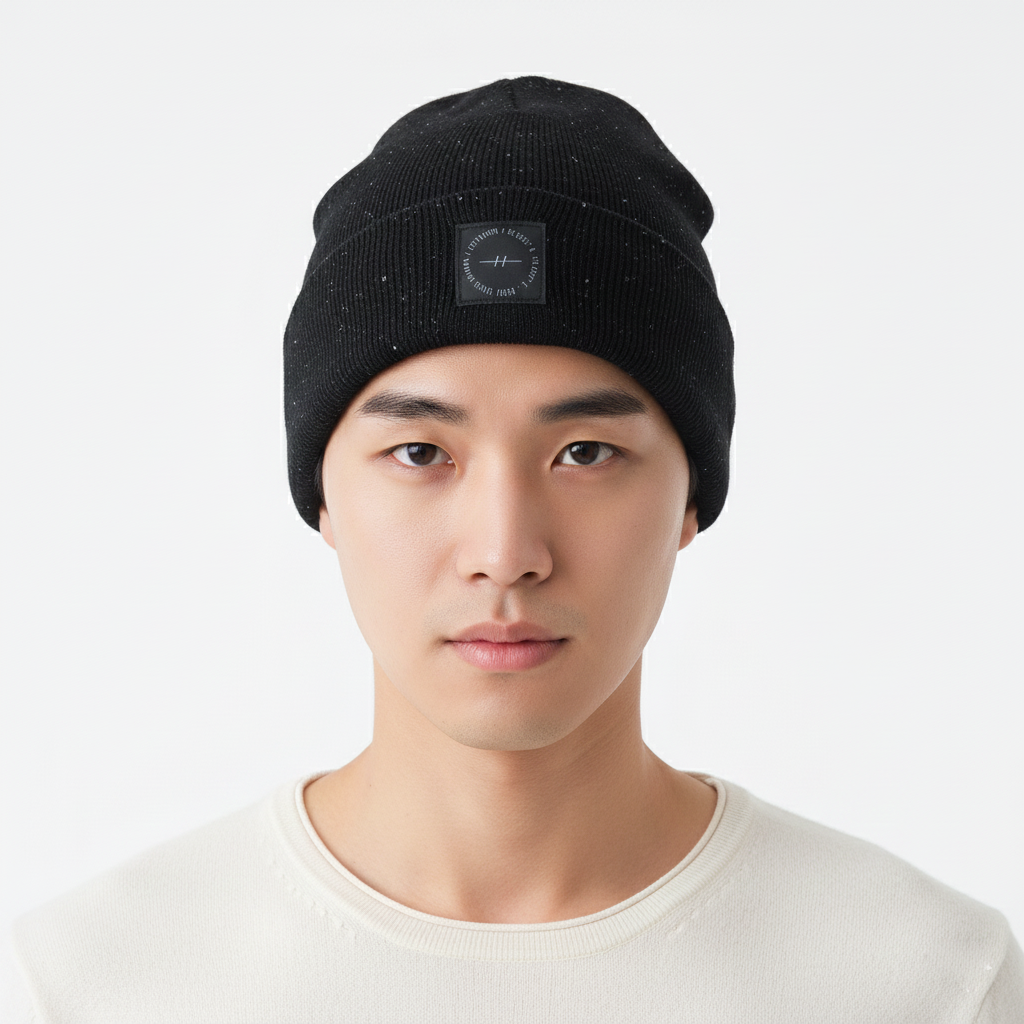 Classic Jet Black Start print Cuff Thrifted Beanie - Warm & Minimalist (Unisex)