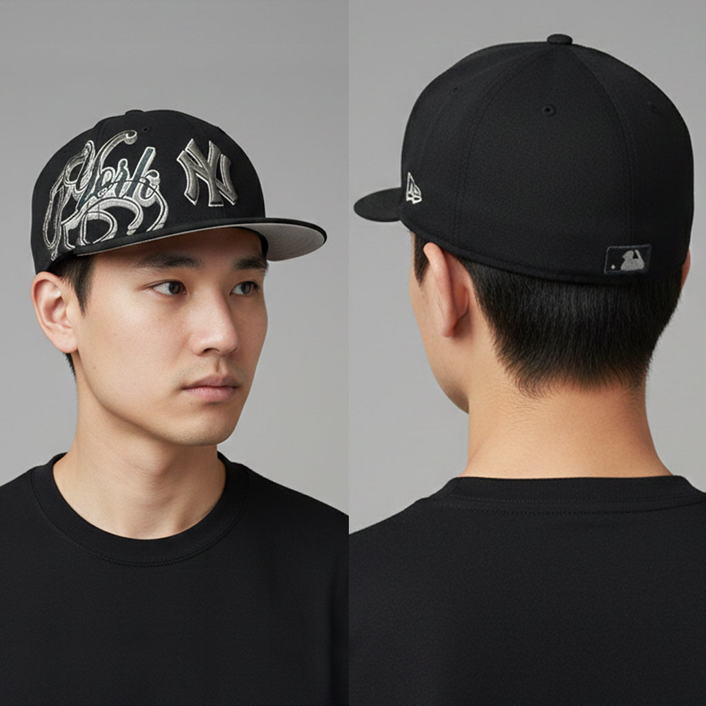 Vintage NY Yankees New Era Fitted Thrifted Hat | Black & Grey Script Logo | 59FIFTY