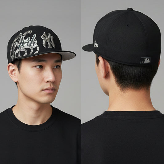 Vintage NY Yankees New Era Fitted Thrifted Hat | Black & Grey Script Logo | 59FIFTY