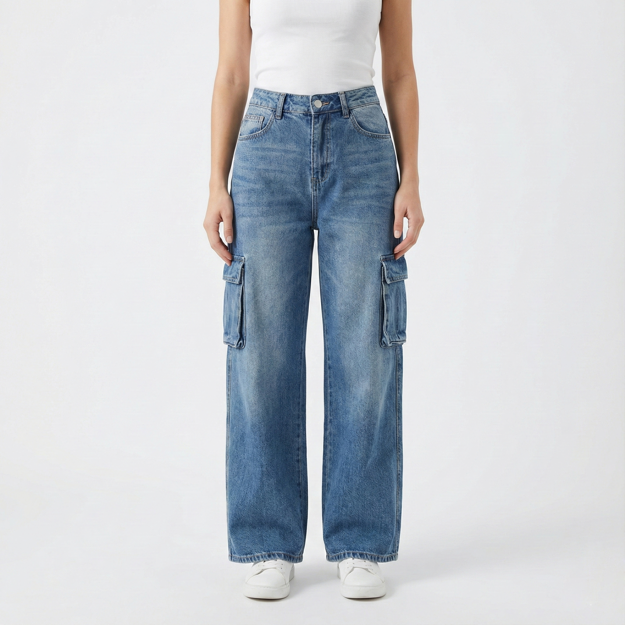 Vintage Blue Wide-Leg Cargo Jeans for women – Size M | Streetwear Denim with Side Pockets