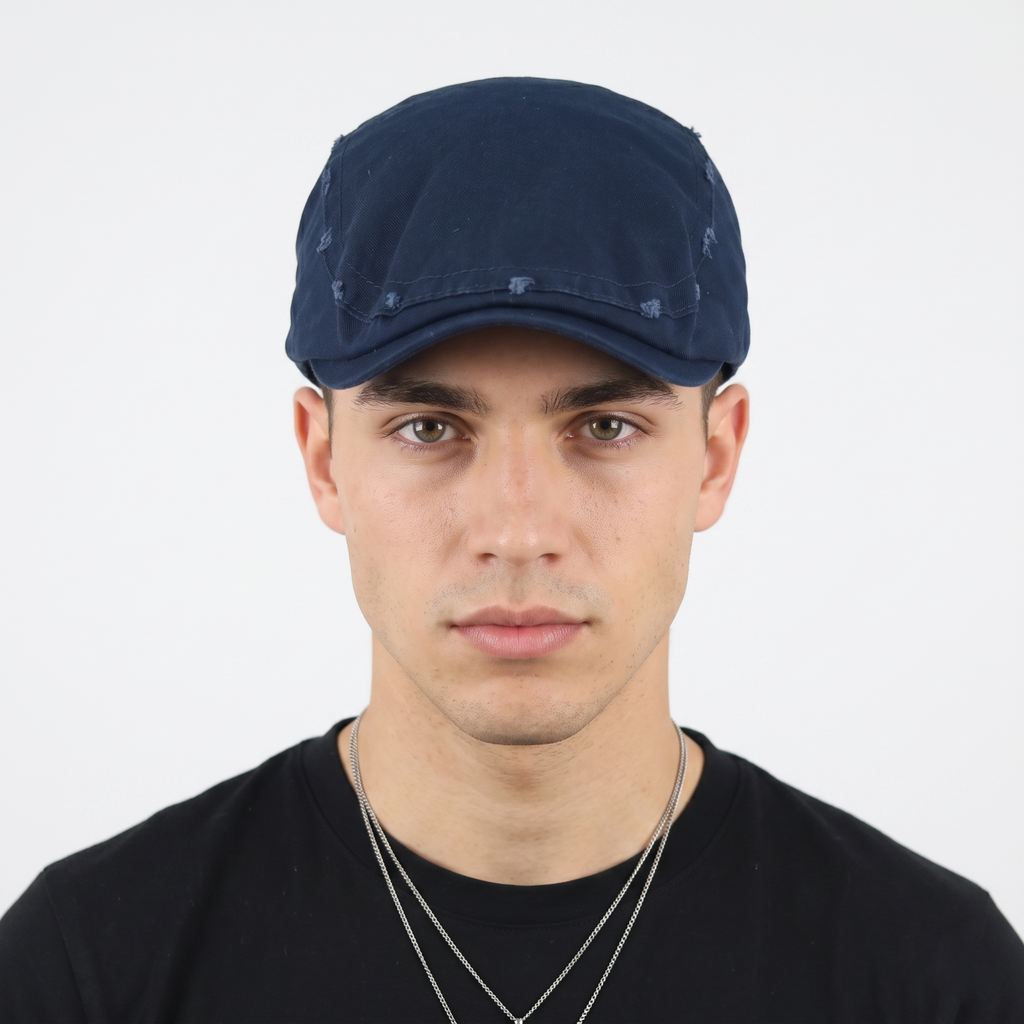 Retro Navy Blue Newsboy Flat Cap - Casual Distressed Duckbill Ivy Hat