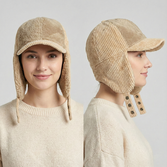 Beige Corduroy & Sherpa Aviator Hat | Earflap Trapper Cap with Snap Buttons