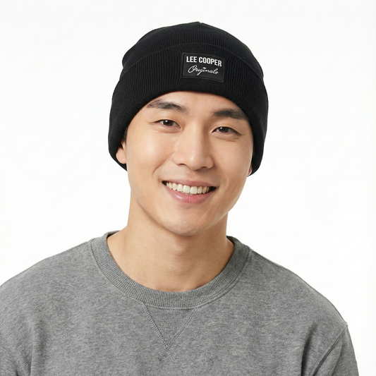 Lee Cooper London Heritage Thrifted Beanie - Classic Black Rib-Knit Winter Cap