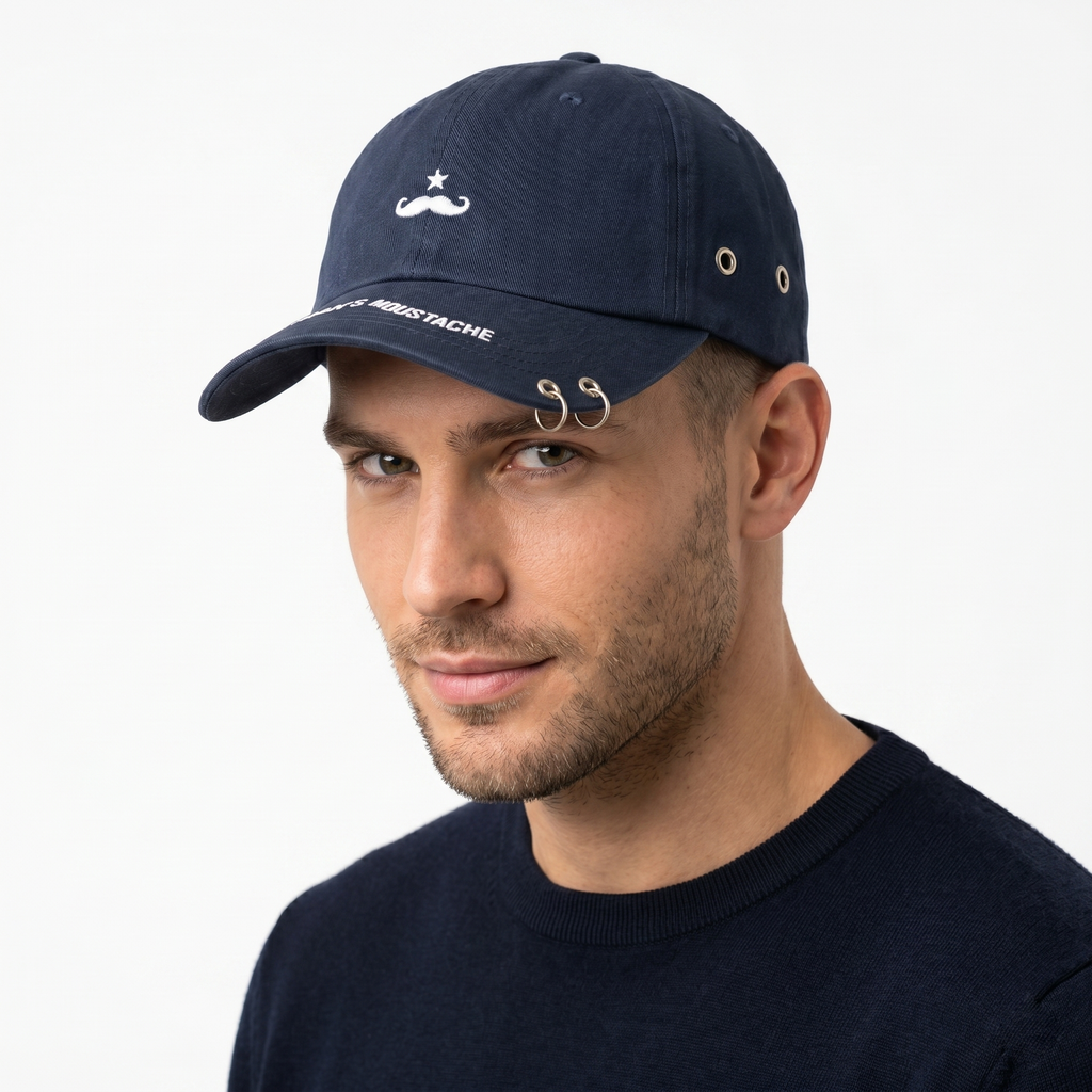 Gentleman's Moustache embroidered Thrifted cap - Pierced brim - 56-58cm
