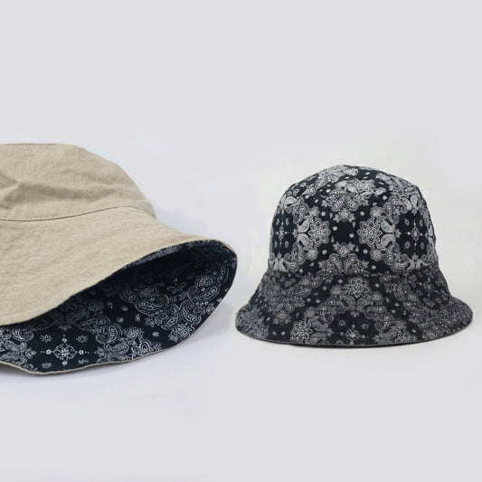 Reversible 2-in-1 Bucket Hat | Black Paisley Bandana & Solid Beige | Unisex