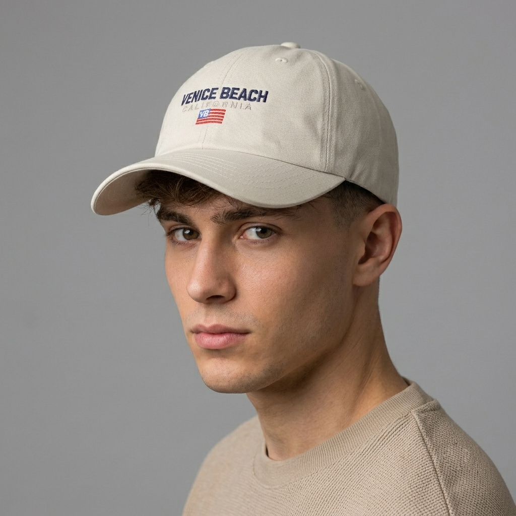 Thrifted Venice Beach US Flag Beige Cotton Baseball Cap | 10779