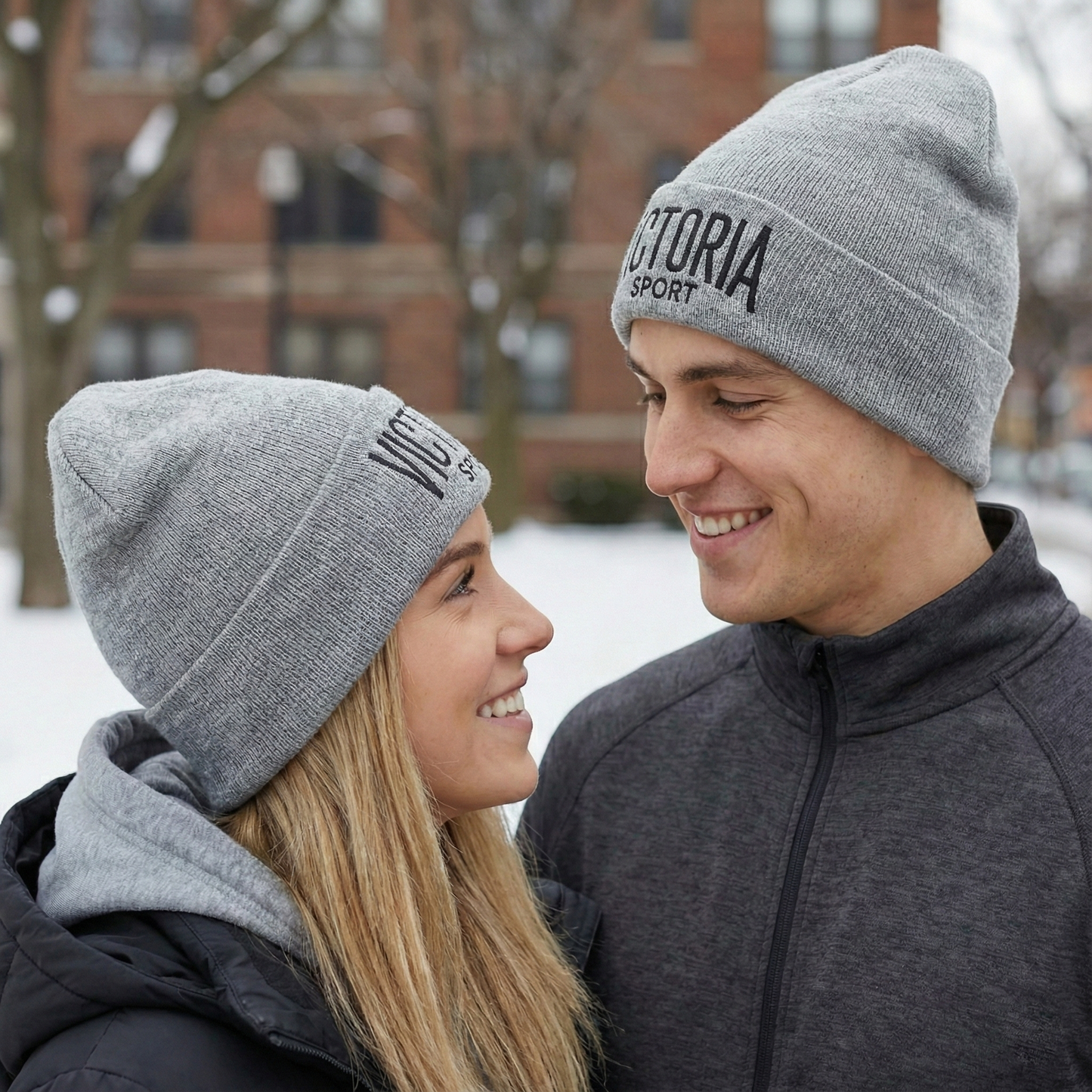 Victoria's Secret Sport Beanie | Heather Grey Knit Hat with Embroidered Logo