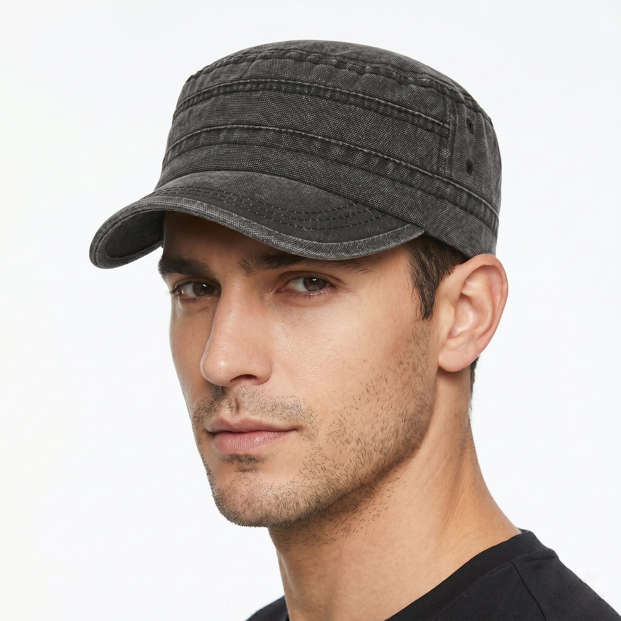 Distressed Charcoal Grey Flat Top Army Style Thrifted Cap
