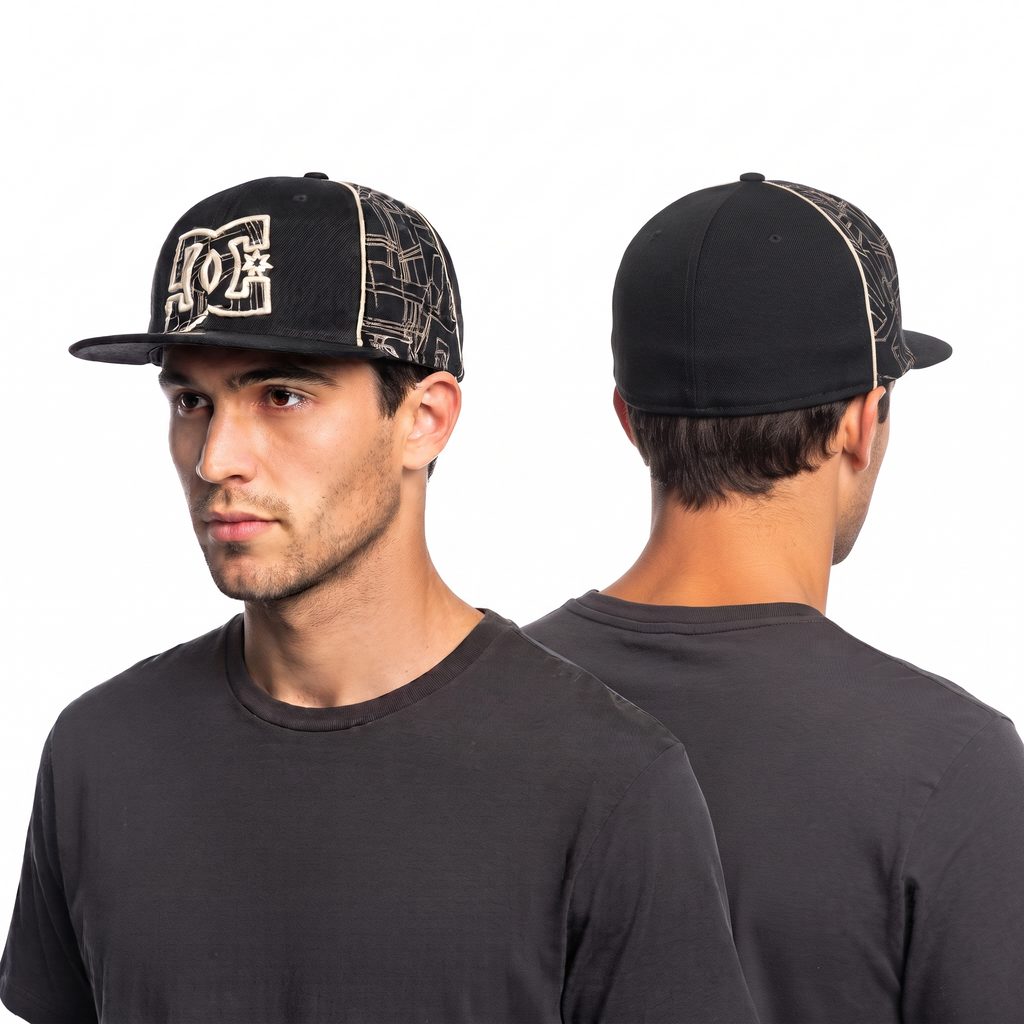 Thrifted DC Shoes All-Over Print Black Flat Brim Cap - Size 7 1/4 (58cm)