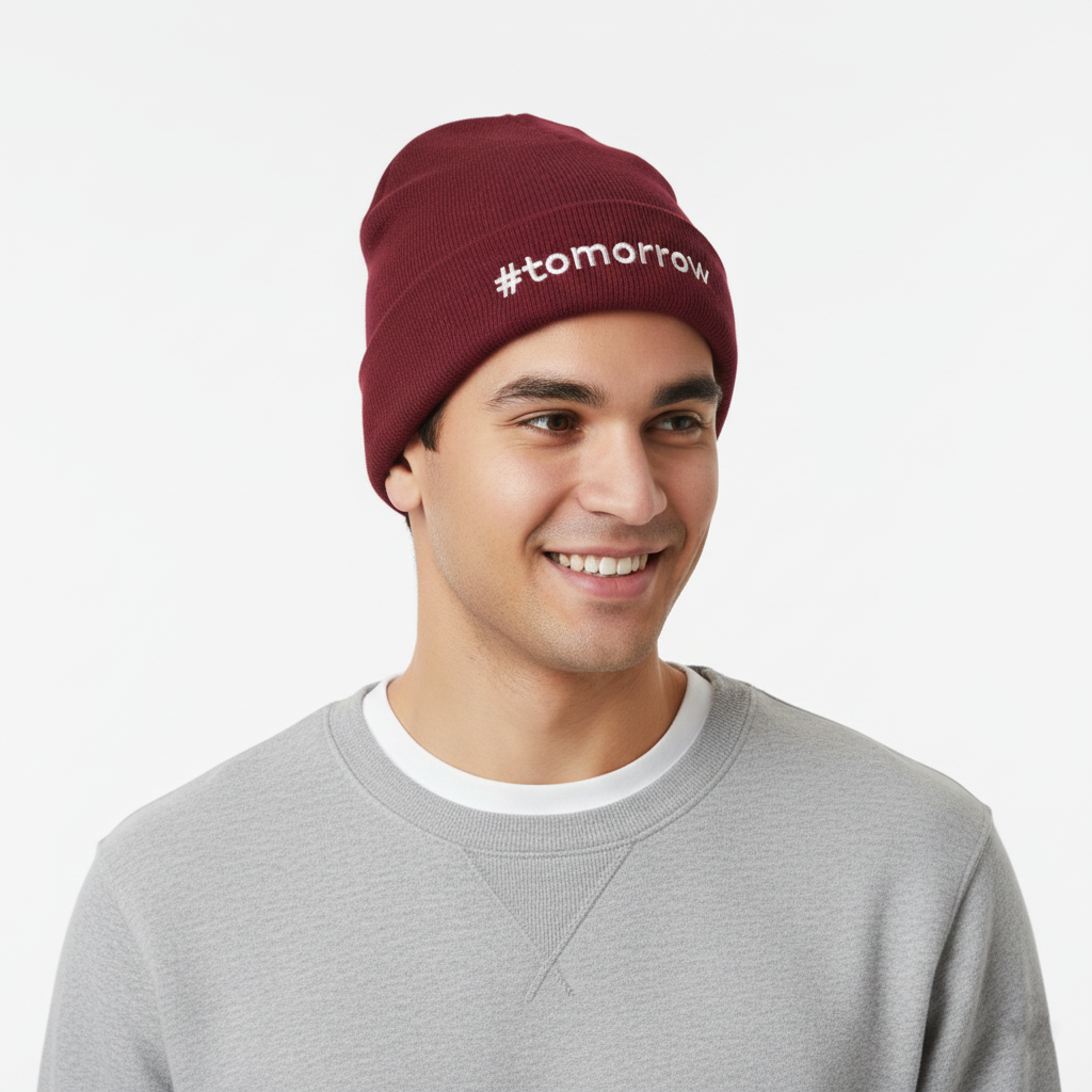 Maroon #tomorrow Graphic Knit Thrifted Cap – Unisex Streetwear Winter Beanie
