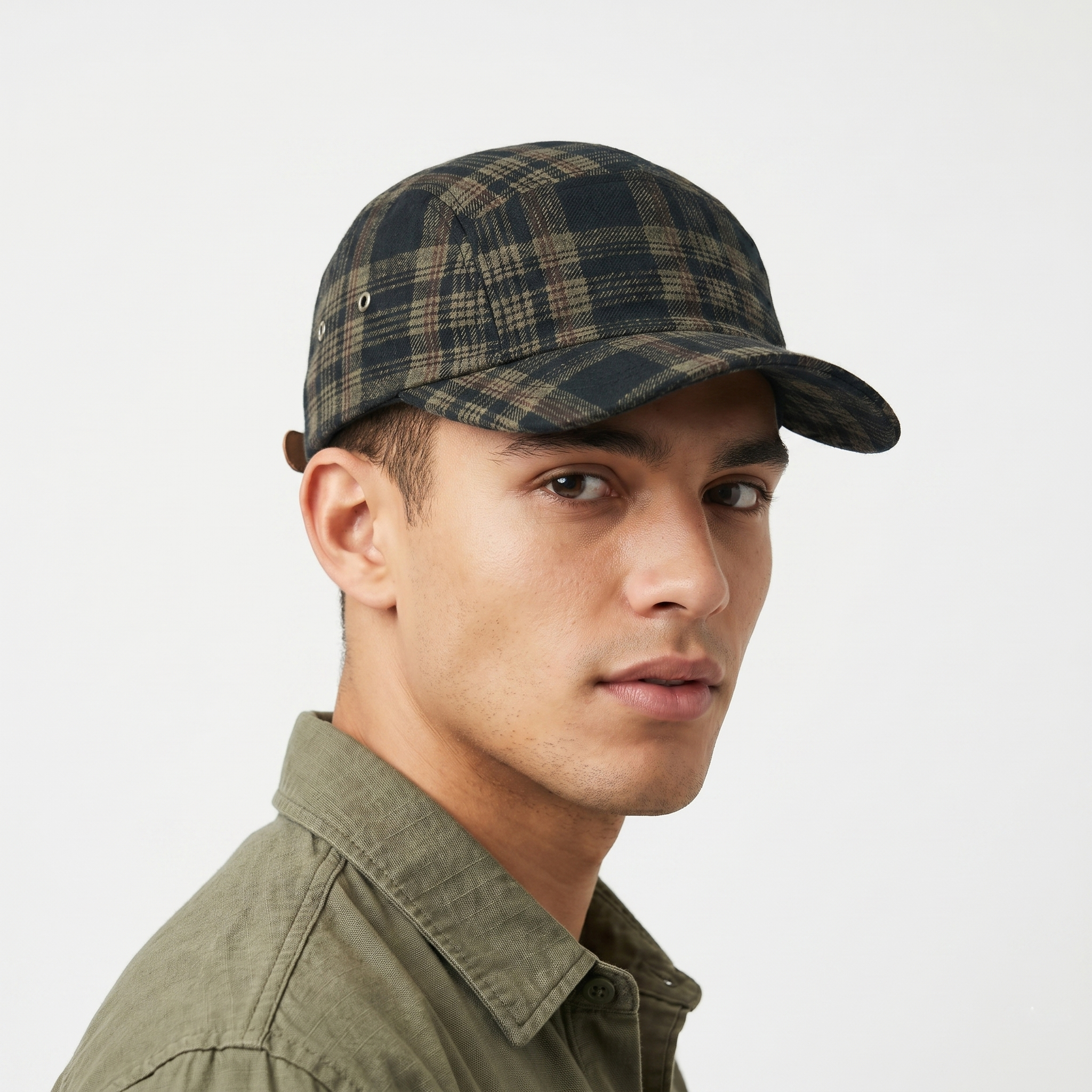 Vintage Earth-Tone Plaid 5-Panel Camper Thrifted Hat