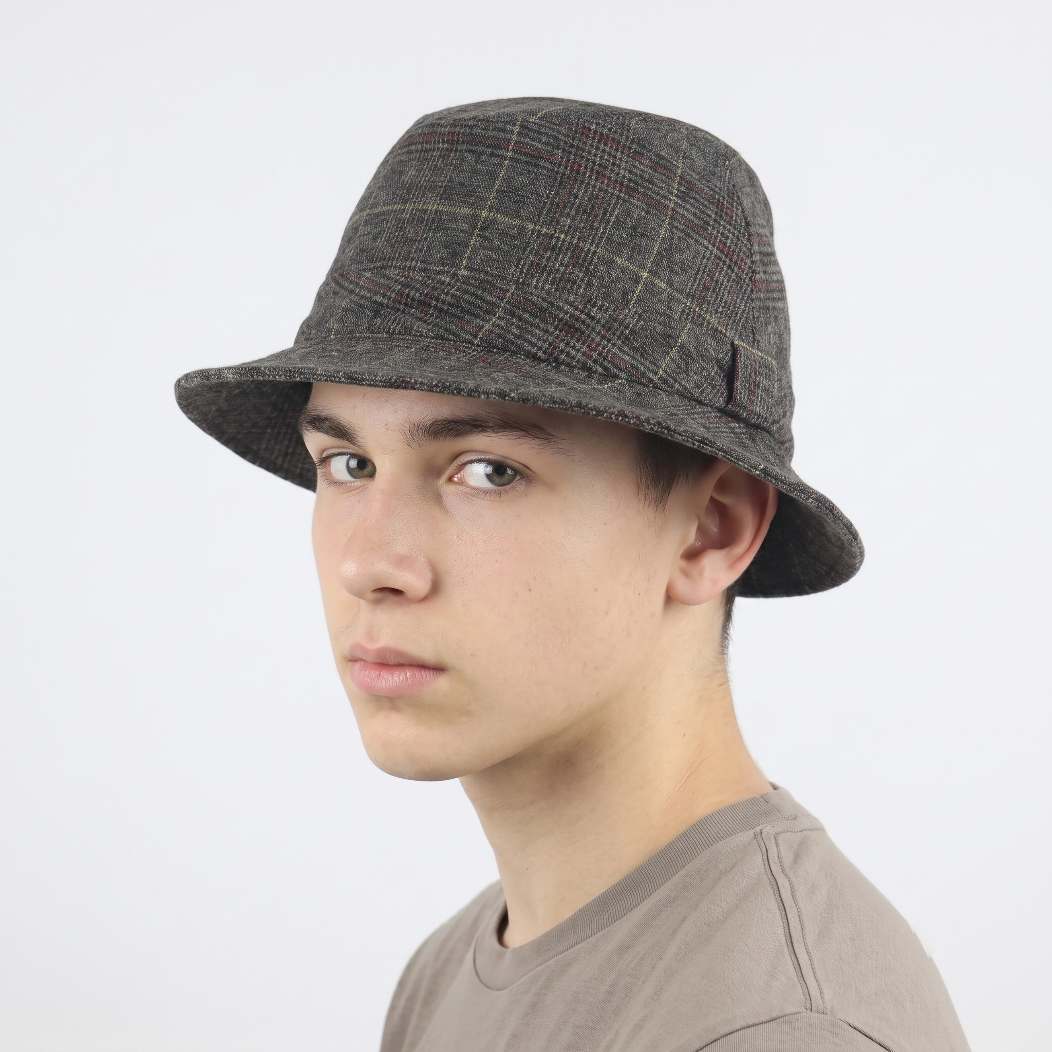 Retro Tartan Plaid Bucket Hat - Grey Wool Blend Thrifted Casual Cloche Cap