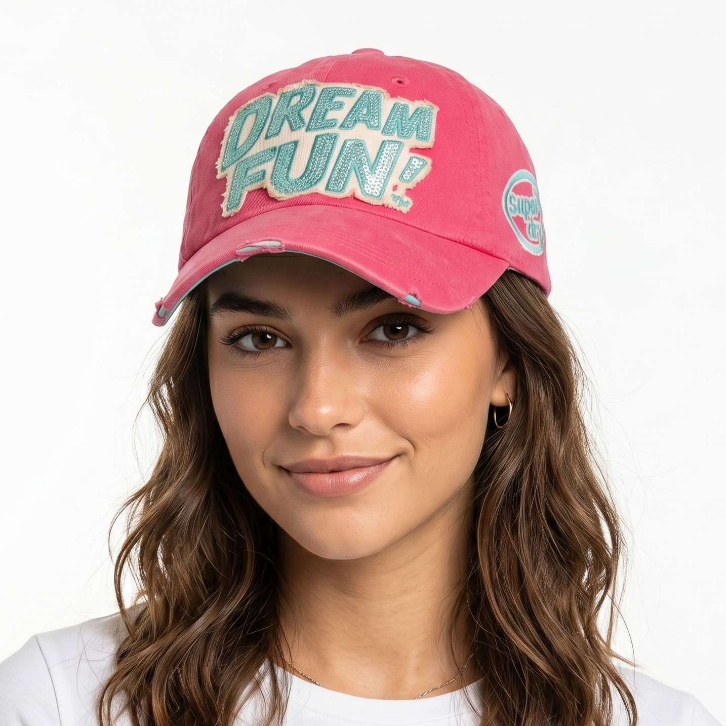 Thrifted Superdry Pink Sequin Patch Distressed Dad Hat