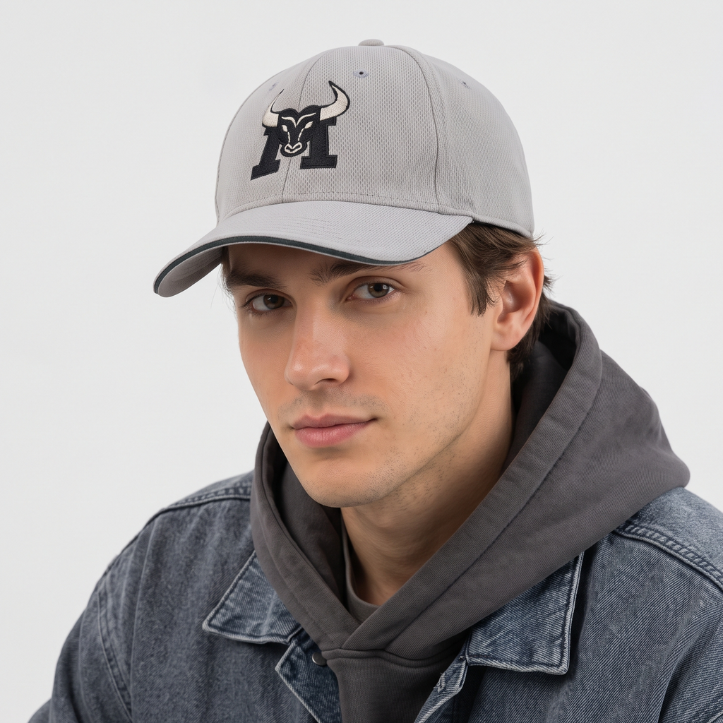 Thrifted Cool Comfort Grey Bull Embroidered Baseball Cap | 10786