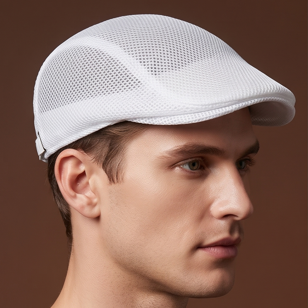 White Mesh Golf Flat Cap - Adjustable Side Buckle Newsboy Cabbie Hat