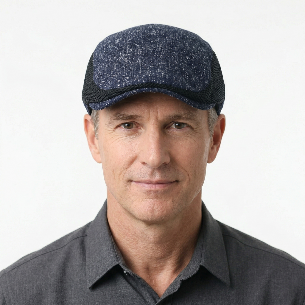 Vintage Speckled Navy Flat Cap - Breathable Mesh Side Panels