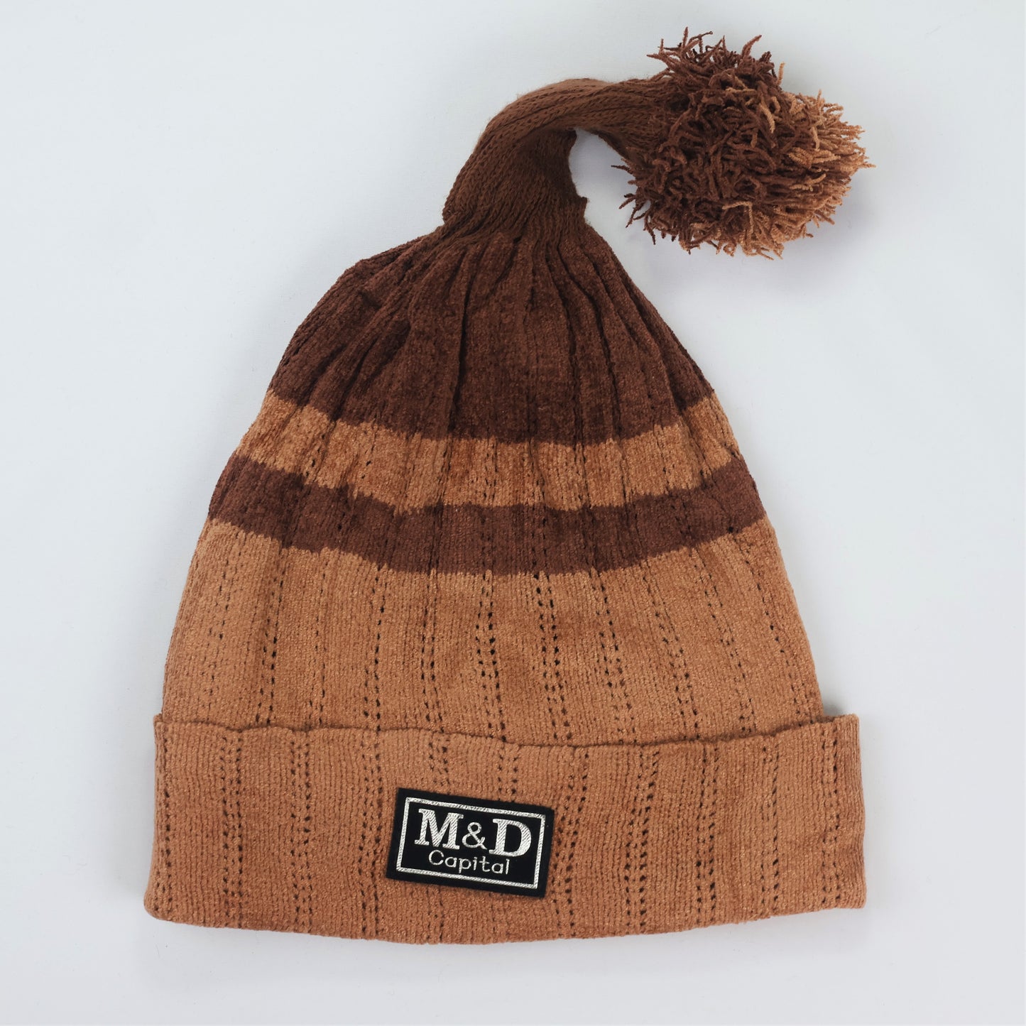 Soft Chenille "Elf Style" Beanie – Brown Striped Long-Tail Pom Hat