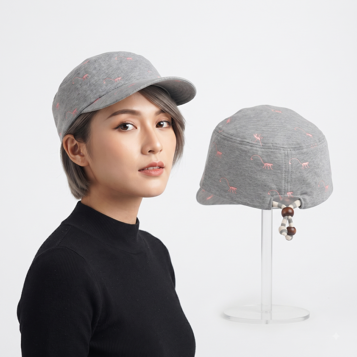 Thrifted Kipling Heather Grey Pink Embroidered Army Cap | 10132