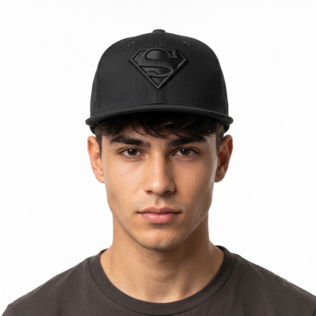 Thrifted Black-on-Black Superman Shield Logo Flat Brim Snapback Cap