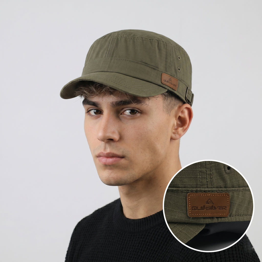 Quiksilver Olive Green Army Style Cap - Leather Logo Patch Military Hat