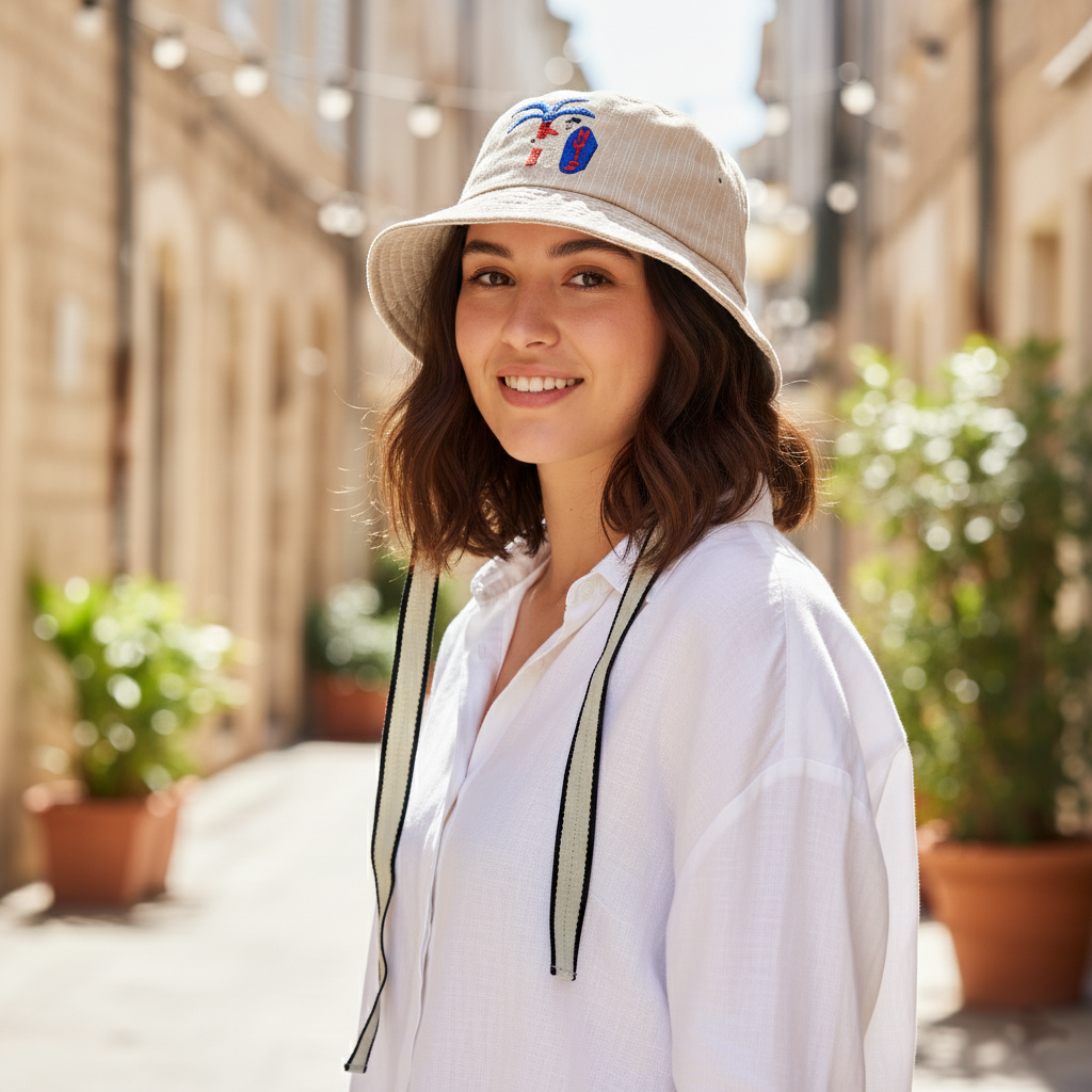 "Surf Bear" Embroidered Bucket Hat with Chin Straps
