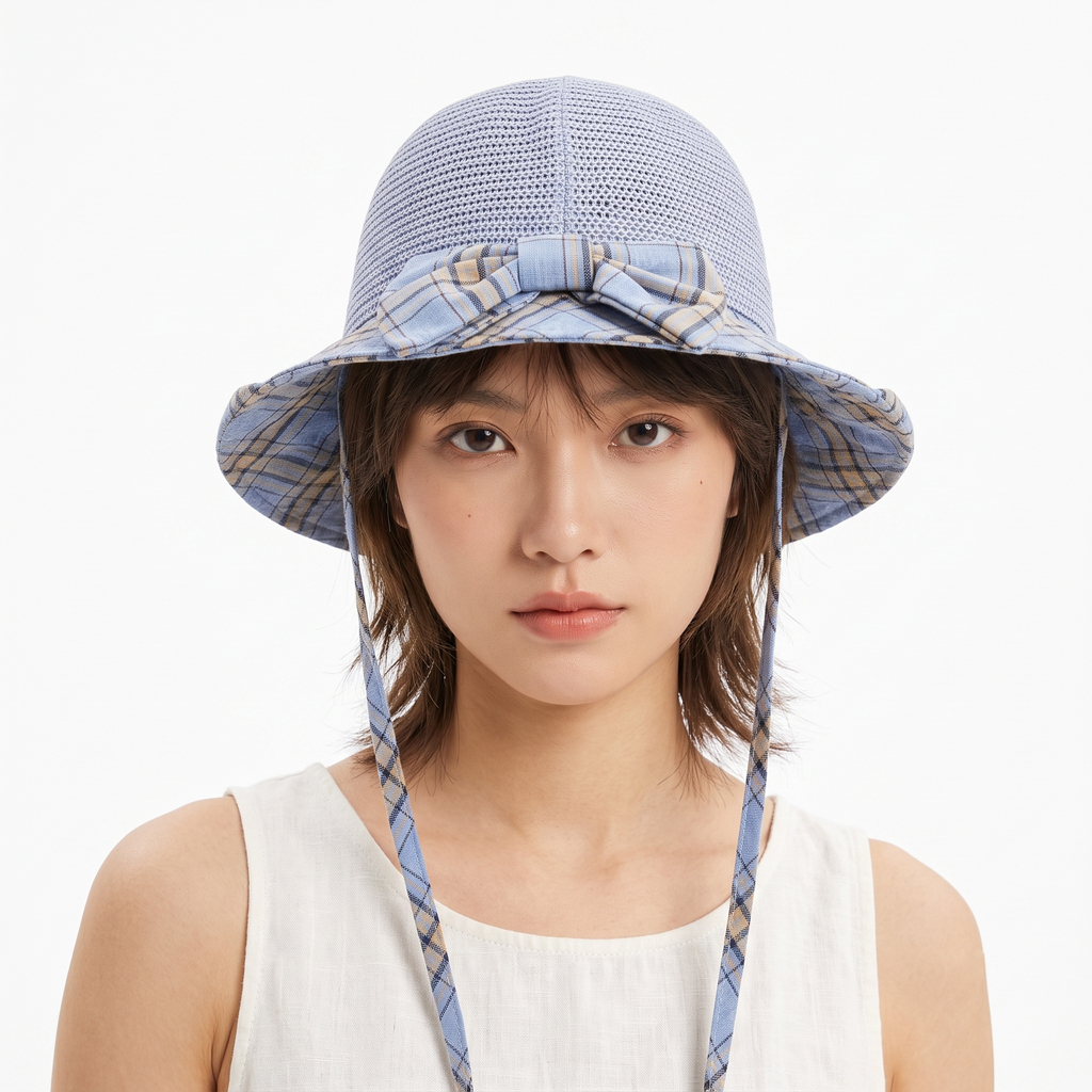 Vintage Light Blue Breathable Straw Sun Hat with Plaid Bow Tie - Size 56-57cm