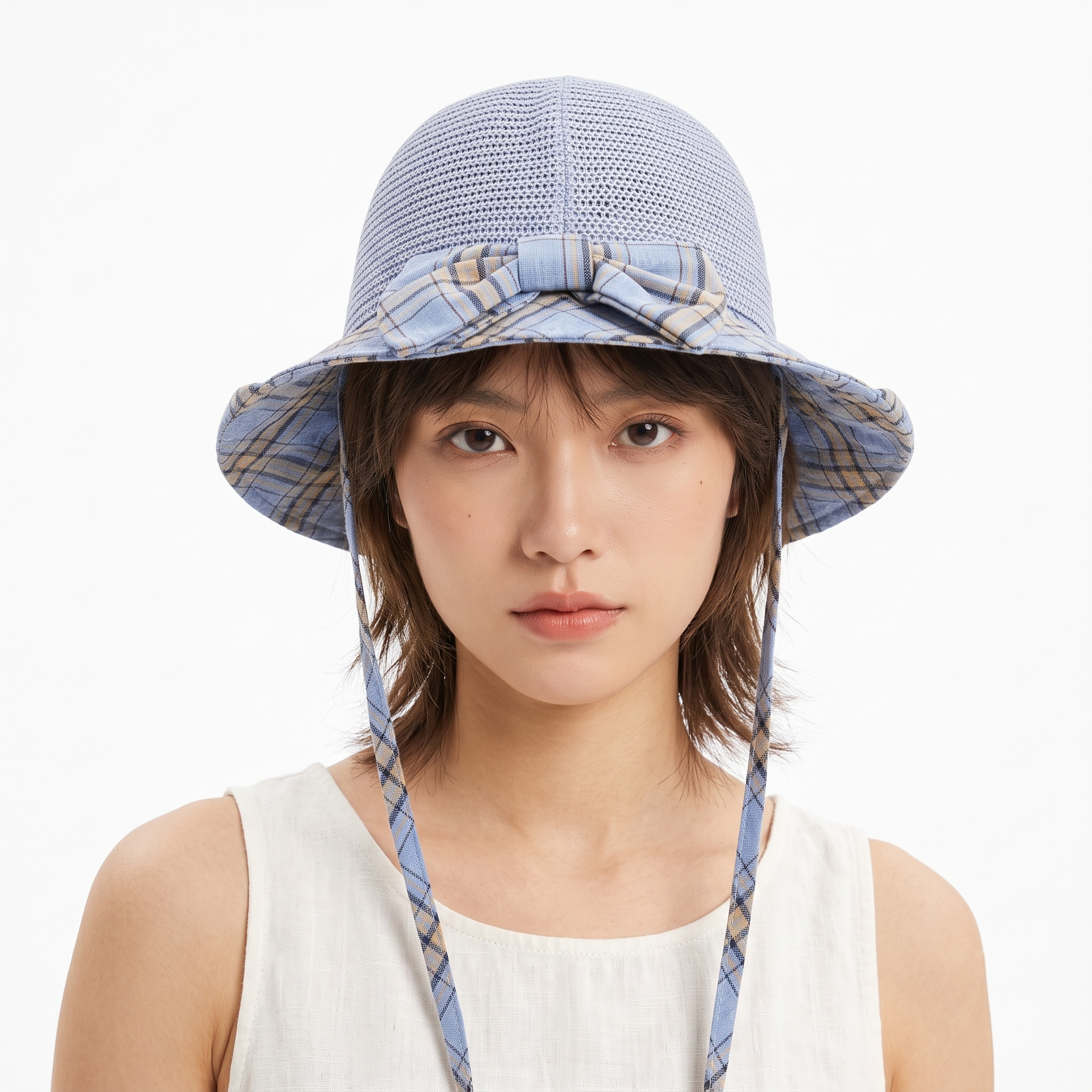 Vintage Light Blue Breathable Straw Sun Hat with Plaid Bow Tie - Size 56-57cm