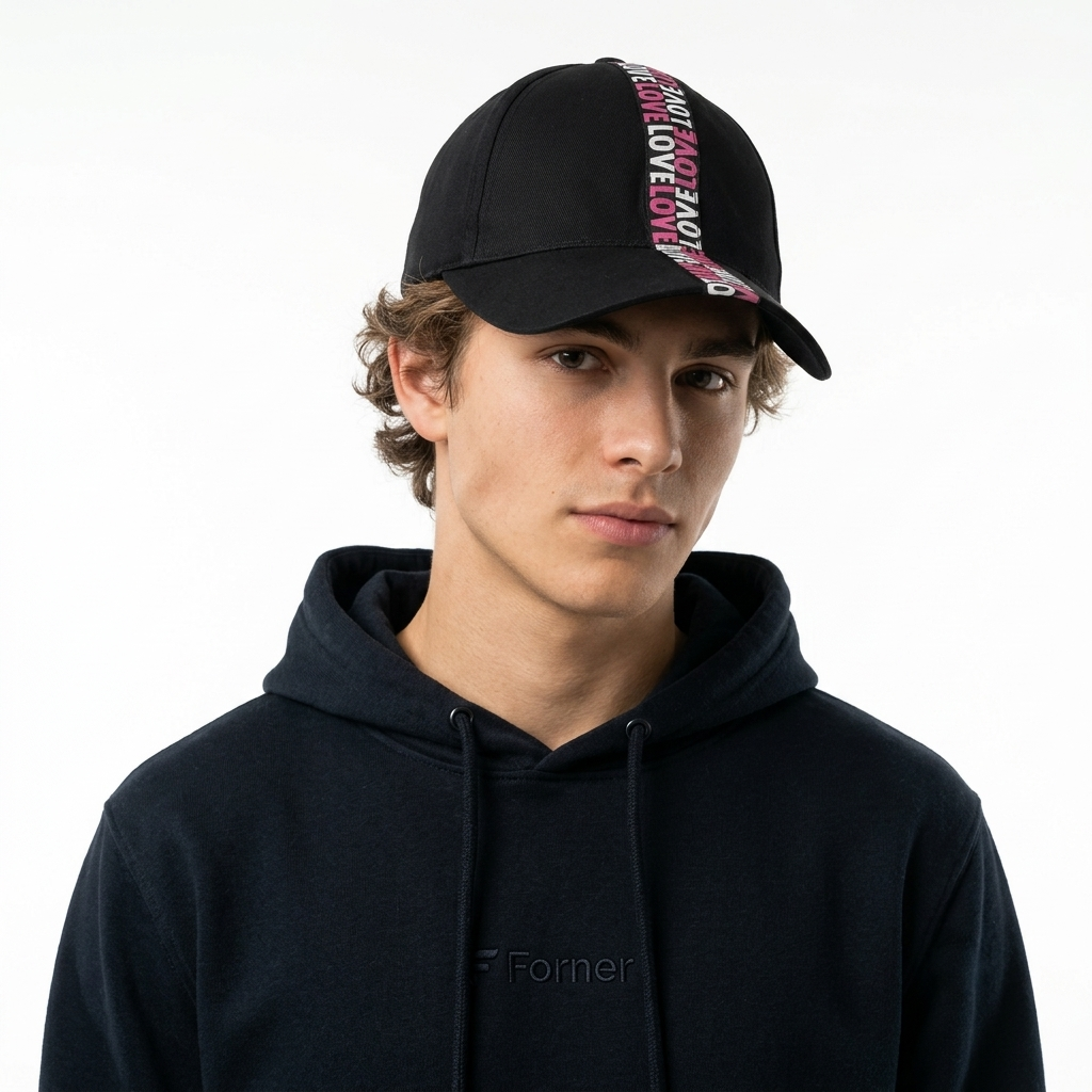 Thrifted Black Cotton Cap with Pink Love Stripe Visor | 11037