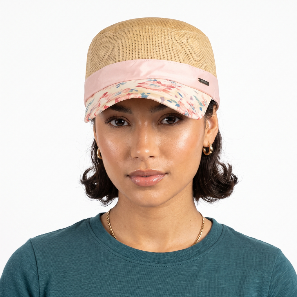 Bellini Woven Straw Summer Cap | Thrifted Floral Military Hat 56-59cm