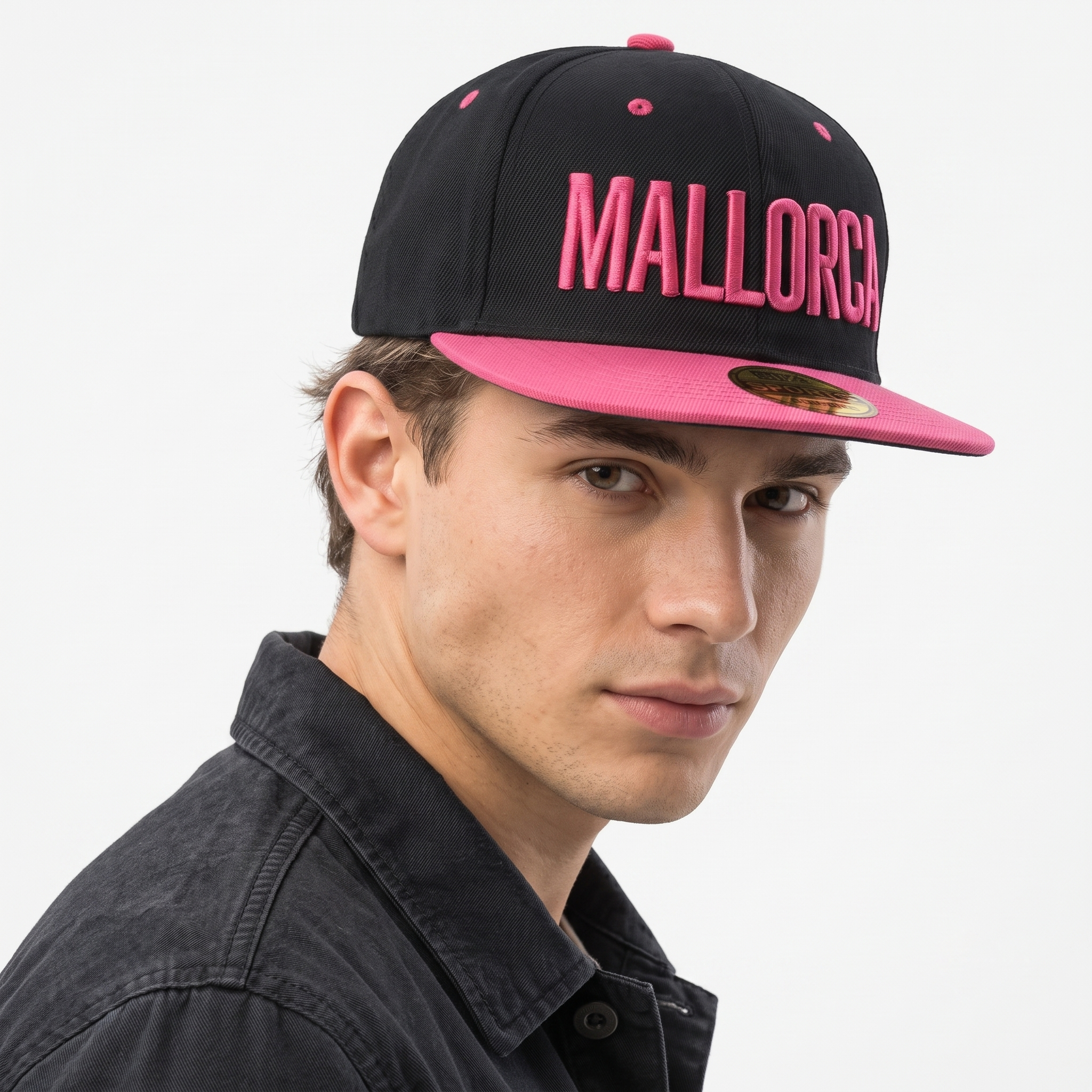Mallorca Embroidered Flat Brim Snapback Cap - Black & Hot Pink Two-Tone Hat