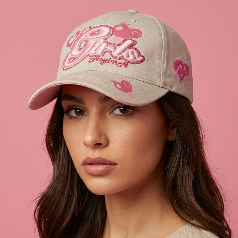 Vintage Aoyima "Girls" Embroidered Hat | Y2K Beige & Pink Heart Cap