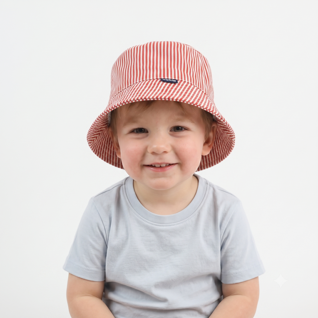 Thrifted Cutie Red Striped Cotton Canvas Sun Bucket Hat - Size 51-52cm