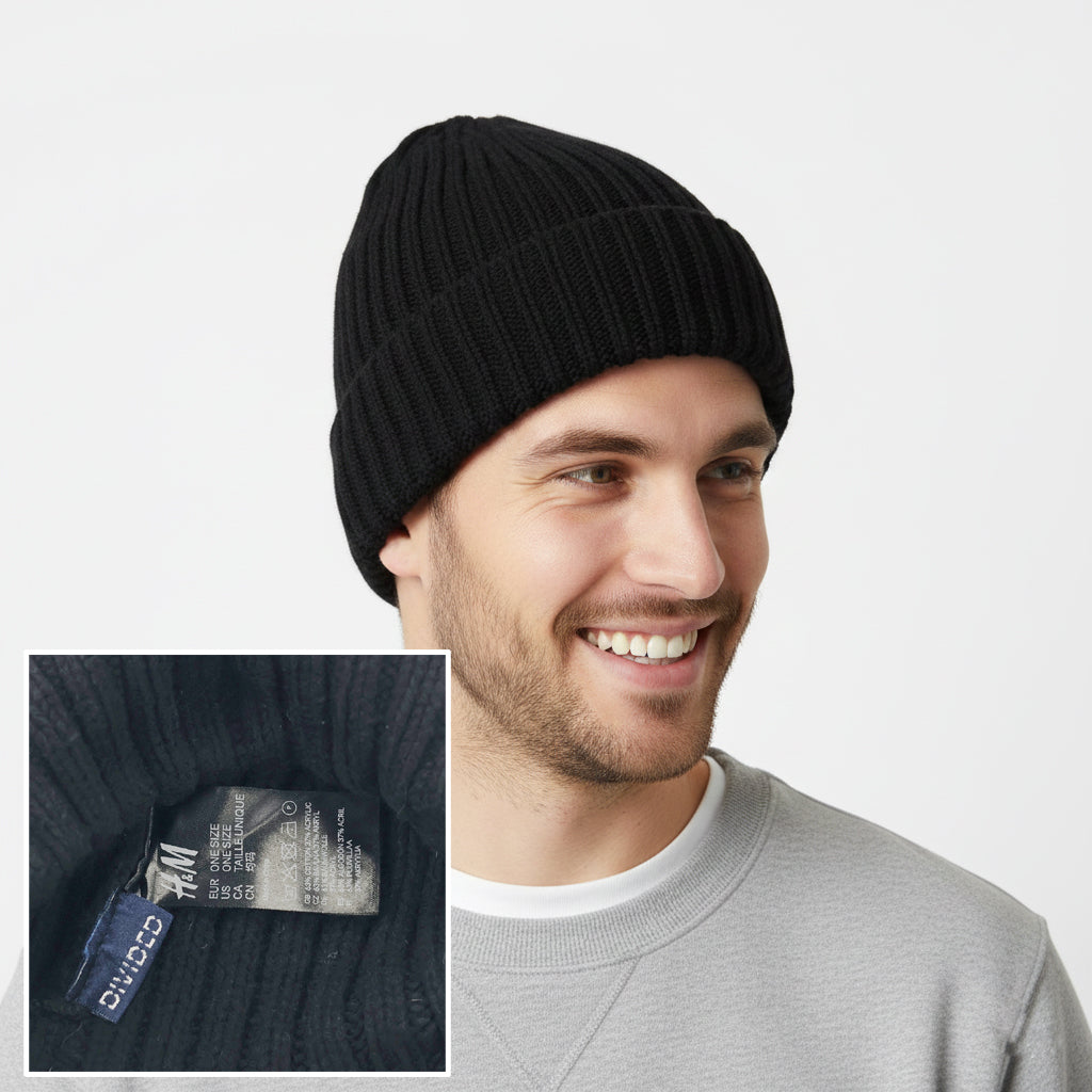 H&M Divided Black Ribbed Thrifted Beanie – Classic Urban Streetwear Winter Hat