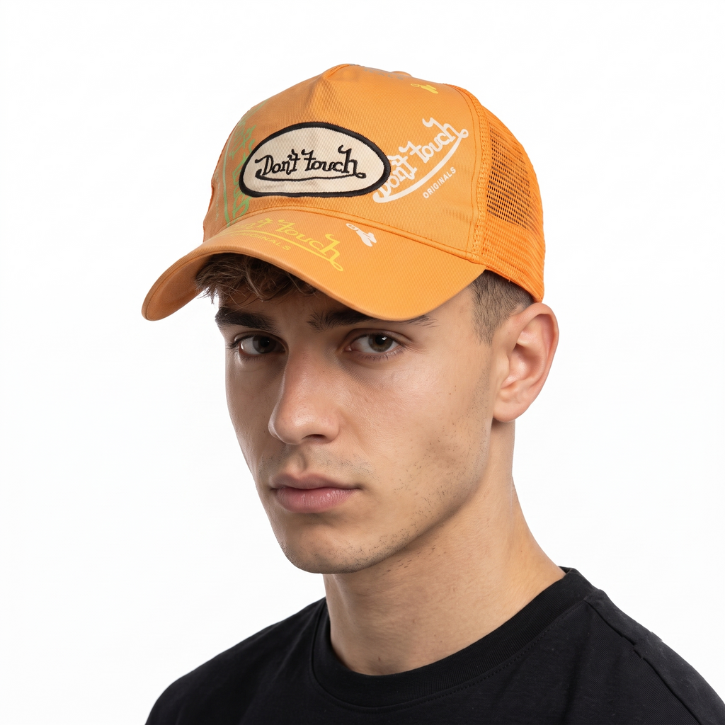 Thrifted Don't Touch Patch Orange Trucker Hat | Y2K Streetwear Mesh Cap