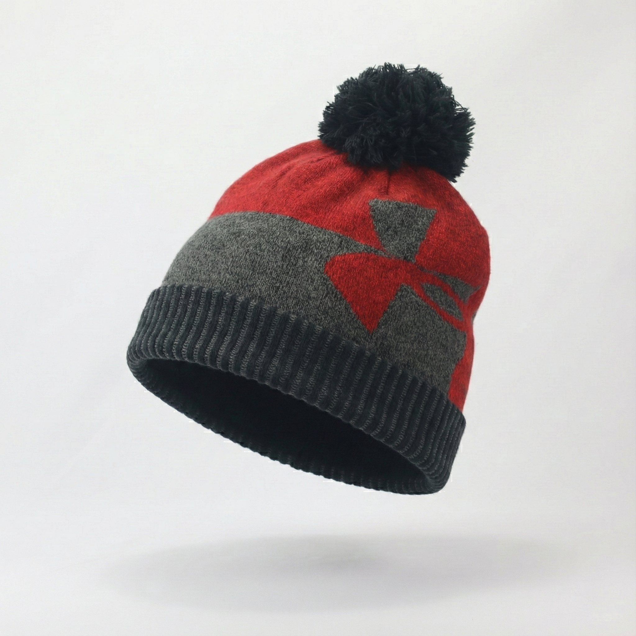 Under Armour Kids Pom Beanie | Red & Grey Winter Hat with Big Logo | Youth Size