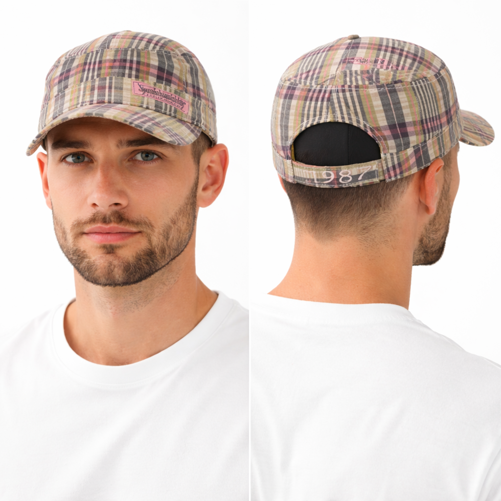 Vintage Pebble Beach Spanish Bay Plaid Cadet Thrifted Cap - Retro 1987 Military Hat