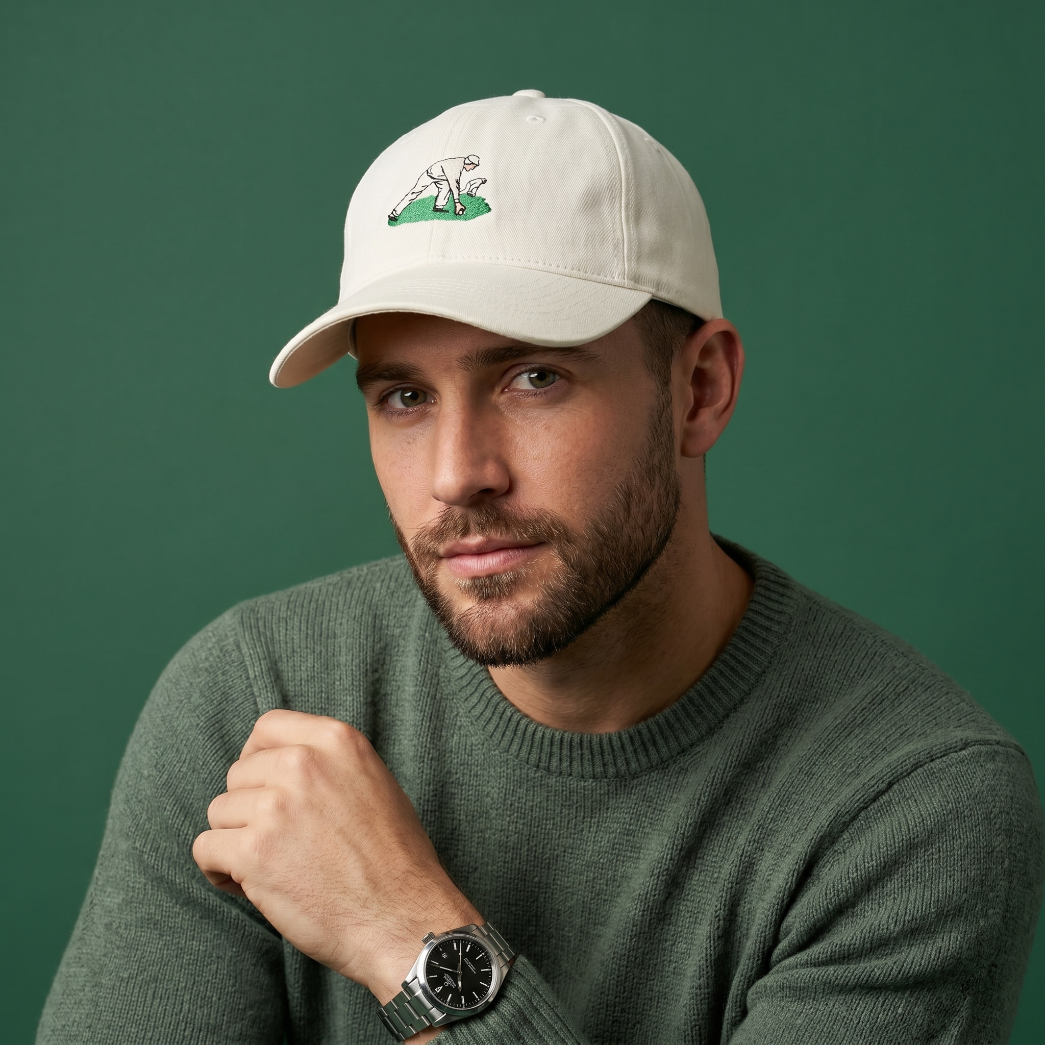 Minimalist Embroidered Golfer Scene Cream Baseball Cap