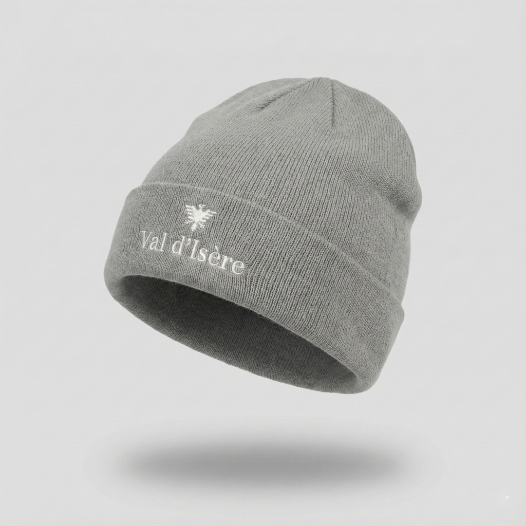 Atlantis Val d'Isère Grey Knit Thrifted Beanie - Embroidered Ski Resort Winter Hat