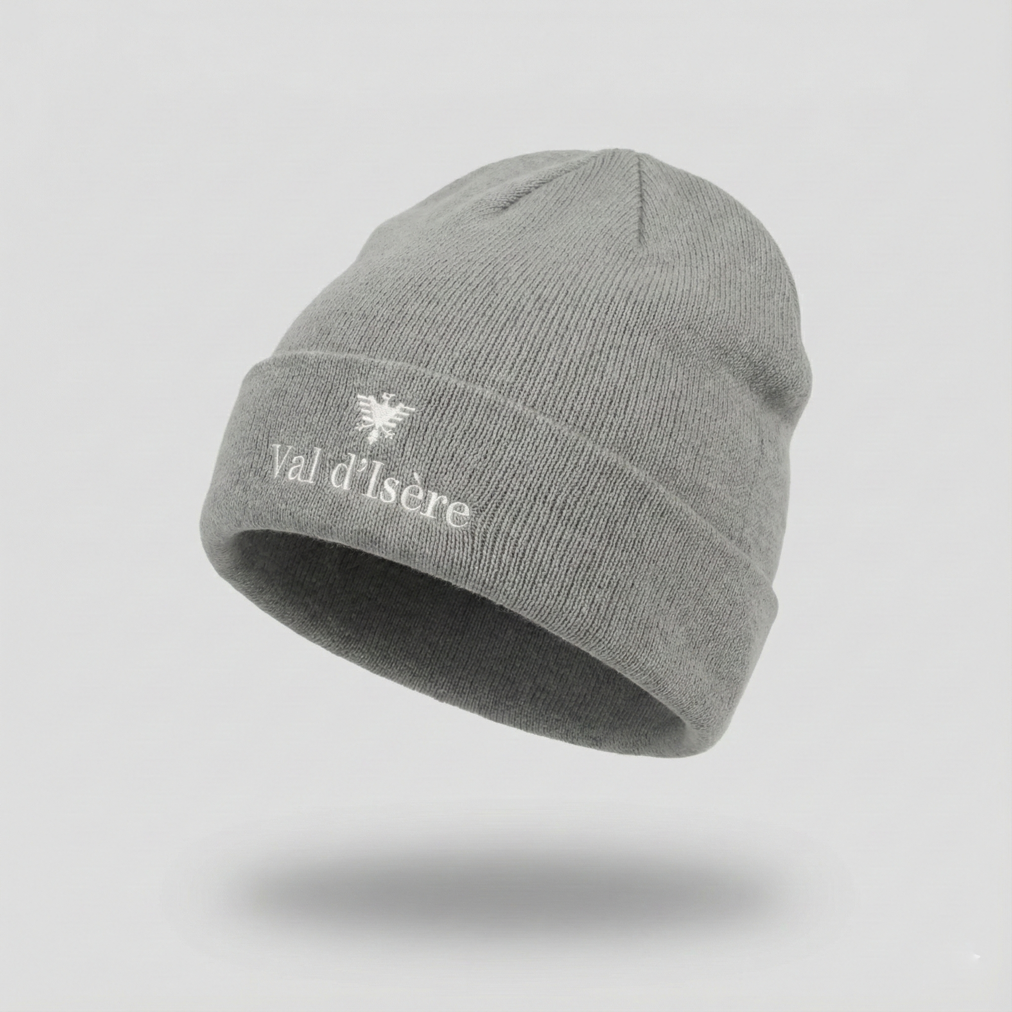 Atlantis Val d'Isère Grey Knit Thrifted Beanie - Embroidered Ski Resort Winter Hat