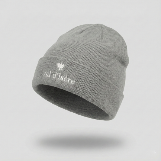 Atlantis Val d'Isère Grey Knit Thrifted Beanie - Embroidered Ski Resort Winter Hat