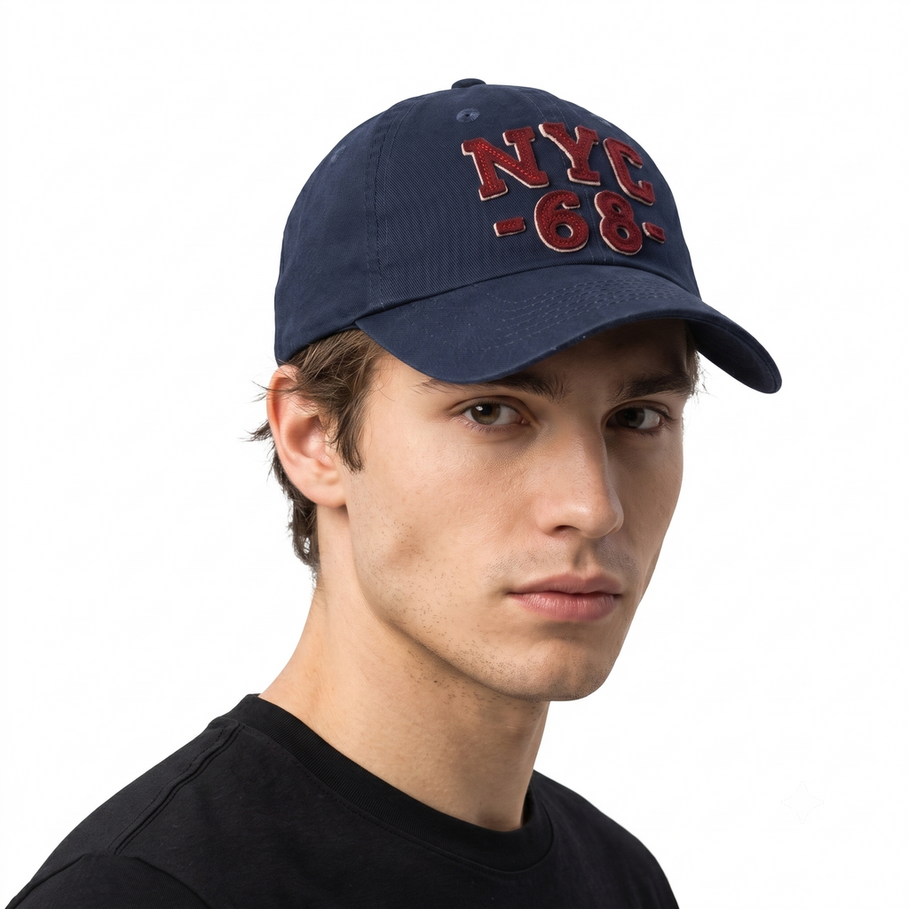 Thrifted Navy NYC 68 Maroon Felt Patch Strapback Dad Hat - 56-58cm