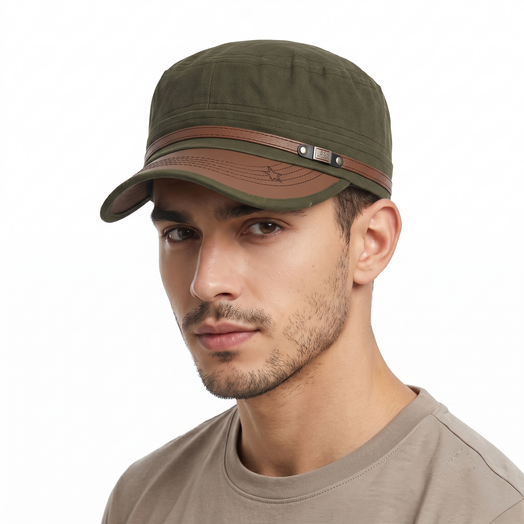 Thrifted Olive Army Style Military Flat Top Cap - Size 57-59cm