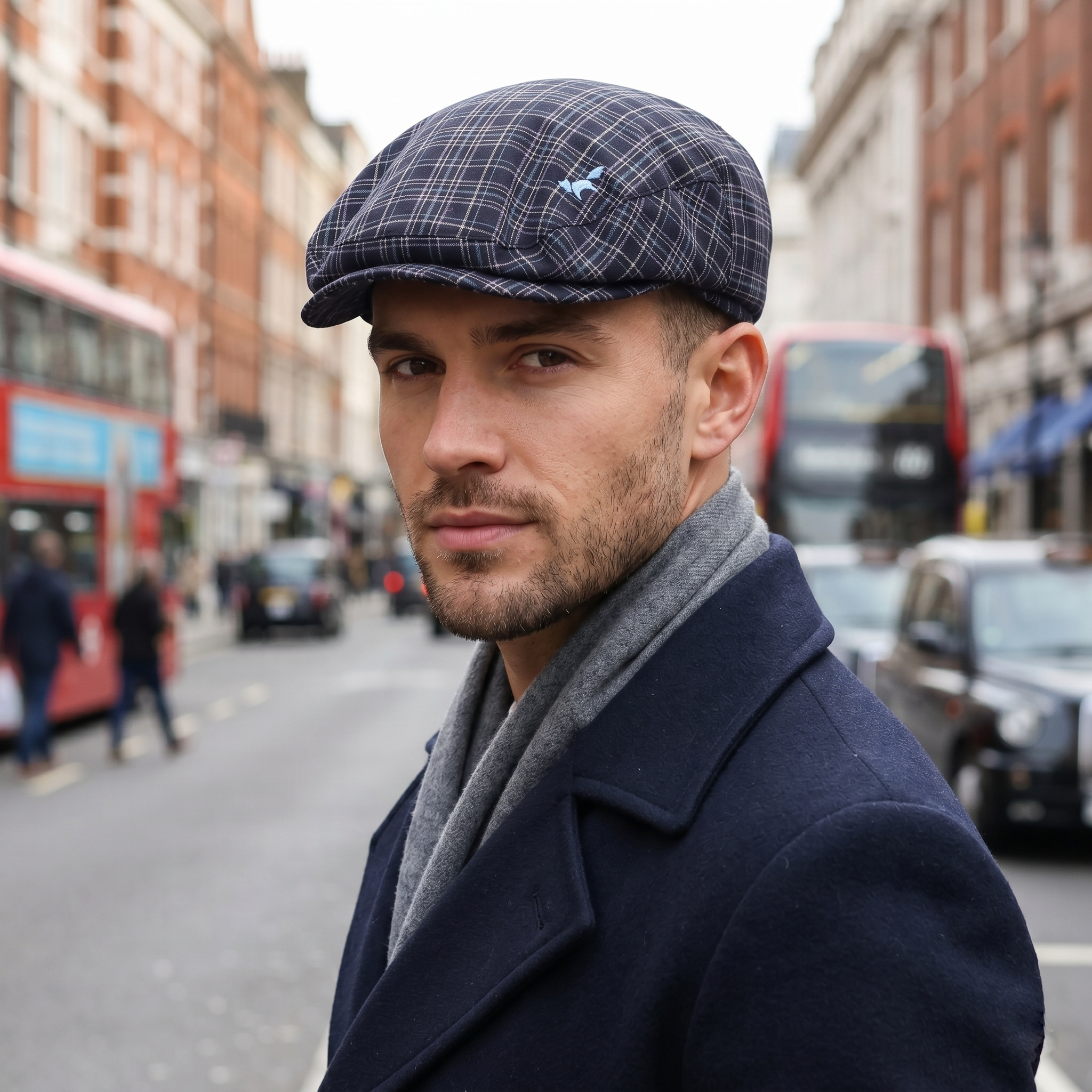 Classic Wolsey Checkered Flat Cap - Adjustable Navy & Purple Plaid Ivy Cap
